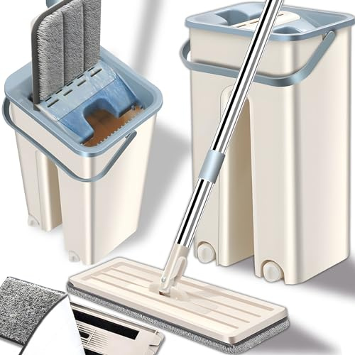 Retoo Wischmopp Set mit Eimer Putzeimer Flacher, Mopp 120cm H/32×11cm, Eimer 19×16×35cm, Bodenwischer, Edelstahlgriff Mikrofaser Wischpad für Hartholz Marmor Fliesen Bodenreinigung Alle Bodentypen