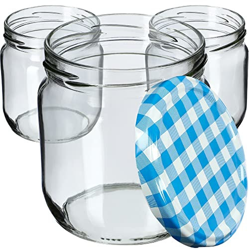 KADAX Lot de 24 pots à confiture avec couvercle à visser, 425 ml, bocaux de conservation pour confitures, confitures, miel (carreaux bleus