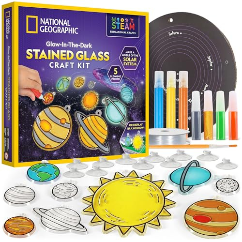 NATIONAL GEOGRAPHIC Kids Window Art Kit - Stained Glass Solar System Arts & Crafts Kit with Glow in the Dark Planets, Use as Window Suncatchers, Hanging Decor from Ceiling, Mobile, Space Room Décor