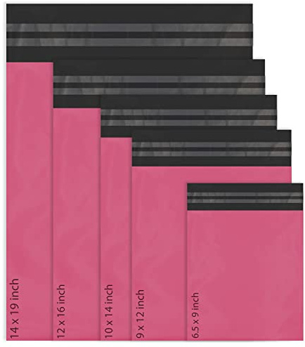 50 gemischte Versandtaschen aus Poly-Selbstverschluss, 5 Größen, je 10 Stück, Red Ember, kleine bis große Versandtaschen, Versandverpackungen (Rosa)