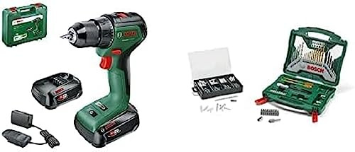 Bosch Home and Garden Home and Garden Akkuschrauber UniversalDrill 18V-60 (2 Akku, 18 Volt System, im Koffer) + Zubehörset X-Line 50Ti plus 173-teiliges Fixier-Set (für Metall, Stein, Holz, Zubehör)