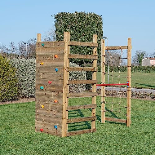 SavinOutdoor Palestra in legno con parete climbing + Spalliera svedese + N.1 barra + Rete di arrampicata da giardino per bambini