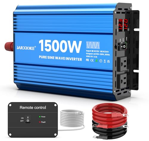 JARXIOKE 1500 Watt Pure Sine Wave Power Inverter, 12 Vdc to 110 Vdc to 120 Vdc, for Home, RV and Off-Grid Solar Systems, with 2 AC Outlets and USB Port, LCD Display, with Remote Control