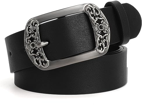 SUOSDEY Vintage Leather Belt for Women, Fashion Cowgirl Belt for Jeans Pants with Floral Buckle black