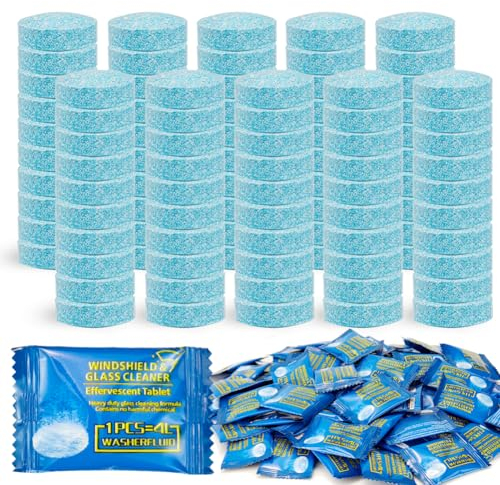 Tabletas Efervescentes Limpiaparabrisas, 100 Piezas Pastillas Efervescentes de Cristal para Coche, Liquido Limpiaparabrisas para Limpiar Vidrio, Cocina, Ventanas(Empaquetadas Individualmente)
