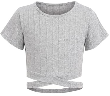 Arshiner Filles T-Shirts Courte Crop Top Enfants Croix Croisée Révèle la Taille Manches Courtes Mode Été Tee Tops Col Rond Shirt Casual Élégant Tshirts pour Fille 13-14 Ans Gris Clair
