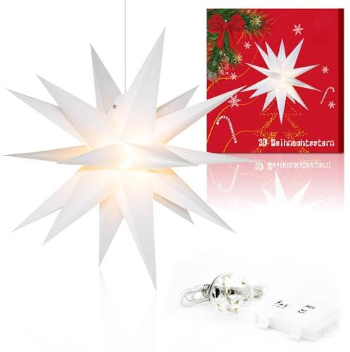 KUCU Weihnachtsstern mit Beleuchtung Außenstern mit Timing, Weihnachtsstern mit Batterien LED Star Lights, 3D Leuchtstern Außenbeleuchtung Weihnachtsdeko, Weiß 58X58CM