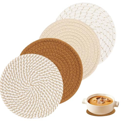 4 Pcs Topfuntersetzer Set Baumwolle Faden Weben Matte, Hitzebeständig, 18cm, für Küche Schüssel Topf Pfannen Kanne