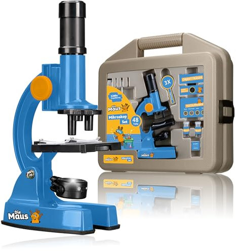 DieMaus Mikroskop-Set mit Koffer 3 Stufen 100x-1200x LED-Spiegel Kinder ab 8 Jahren Zubehör