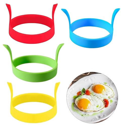 Lot de 4 Moules à Œufs Ronds en Silicone Antiadhésif, Anneaux à Poignée pour Oeufs au Plat, Crêpes, Omelettes et Desserts, (Rouge, Jaune, Bleu, Vert) - Ustensiles de Cuisine Pratiques et Colorés