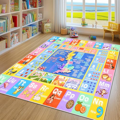 GthreeD Kids Carpet Playmat Rug - 120x160 cm Large Soft & Non-Slip Educational Rug for Learning ABC Alphabet,Numbers,Shapes & Map, Washable Classroom Rugs for Toddler Nursery & Kids Room Decor.
