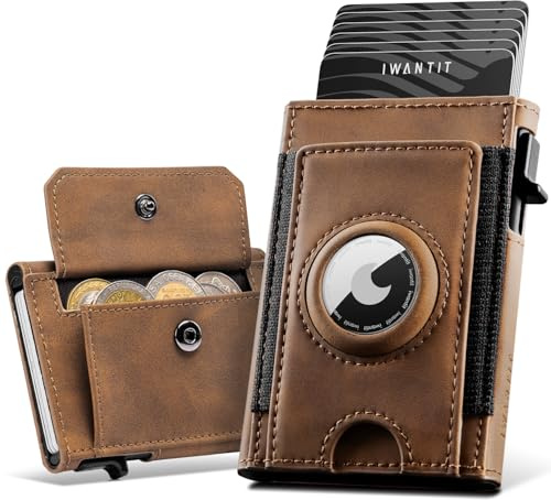 IWANTIT Airtag Portafoglio Uomo, Airtag Wallet Slim con Portamonete, Pop up Portafoglio Uomo Pelle per 6-7 Cartes, Porta Carte di Credito con Blocco RFID (Marrone)