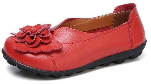 Solaud Mujer Cómodo Cuero Mocasines Punta Bonita Forma de Flor Antideslizante Conducir Oficina Compras Viajar Ocio Caminar Zapatos Planos Rojo 39 EU