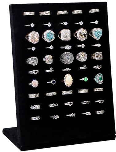 KunGe Ring Display Stand, Velvet Ring Holder, 50 Slots Rings Organizer Jewelry Display Tray, L-Shaped Jewelry Organizer Stand for Rings Earrings Selling (Black 1Pcs)