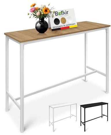 BeFair Bartisch Eiche/Weiß, 120x40x100 cm, Hochtisch mit Fußstütze, Industrial Design, Metallbeine – Komfort und Stabilität