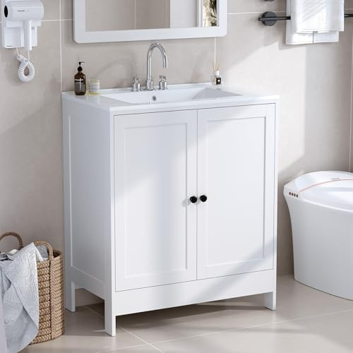 Bonnlo Bathroom Sink Cabinet, Vanity Unites with Basin, Free Standing Wooden Sink Storage Cupboard Space Saving Organiser with White Vessel Sink, 76cm x 47cm x 91cm, White