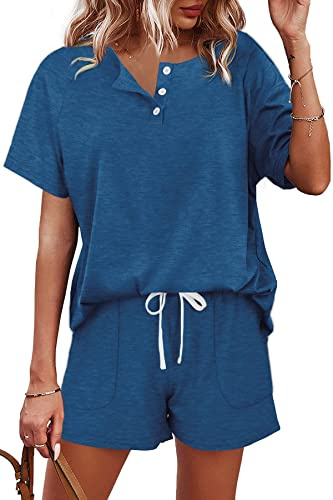 Desol Chándal para mujer de dos piezas de verano con cuello en V Henley, camiseta de manga corta y pantalones cortos, traje de casa suave y transpirable para el hogar