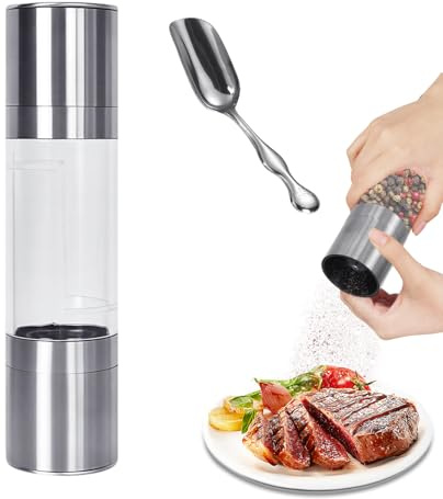 Molinillo de Sal y Pimienta de Acero Inoxidable de Doble Extremo con Cuchara Pequeña, Núcleo de Molienda de Cerámica, Grosor de Molienda Ajustable, Ideal para Moler Pimienta, Sal y Especias
