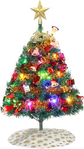 Mini Christmas Tree, 24/60cm Tabletop Artificial Christmas Tree with Ornaments & LED String Lights, Small Desktop Xmas Tree with Tree Skirt for Room and Office