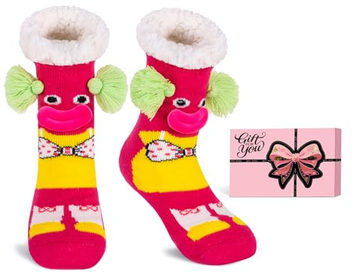 HERYEBING Calzini Antiscivolo Donna Calze Natalizie con Scatola Regalo Calde Calzettoni Invernali da Casa Pelose Pesanti Termici Pantofole Regali Divertenti Natale Treccia (Rossa)