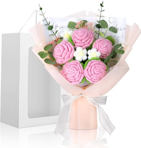 Foyucool Bouquet di Fiori all'Uncinetto, Mazzo di Fiori Fatto a Mano con Confezione Regalo, Decorazione per la Casa, Regalo per Donna, Ideale per Compleanni, Natale e San Valentino (rosa pallido)