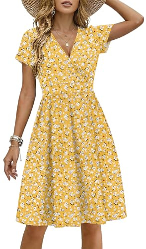 WNEEDU Summer Dresses for Women UK Short Sleeves V Neck, YellowFlower, M