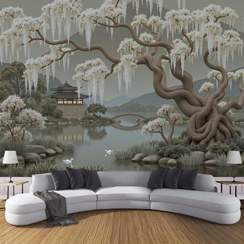 ZISTRCBAO Papier Peint Panoramique Ponts De Montagnes Saules, Papier Peint Soie Style Artistique Chinois 350x256cm Mural Pour Salon Chambre Bureau Couloir Murale Décor Mural, Gris