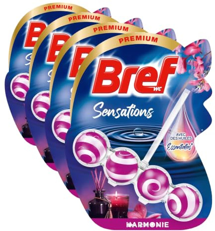 Bref WC - Sensations d'Harmonie - Avec des Huiles Essentielles - Bloc WC - Parfum WC - Formule Anti-Calcaire - Produit Nettoyant WC - Pour des Toilettes Propre & Brillante - Bloc 50g (Lot de 4)