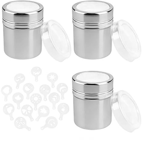 3 Pcs Stainless Steel Powder Shaker, 16 Coffee Stencils Sugar Dispenser