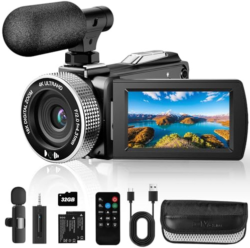 Caméra vidéo 4K, caméscope 48 MP avec écran IPS rotatif à 270°, microphone sans fil et microphone filaire, 2 batteries rechargeables, télécommande, caméra vidéo pour vlogging, voyage et prise de vue