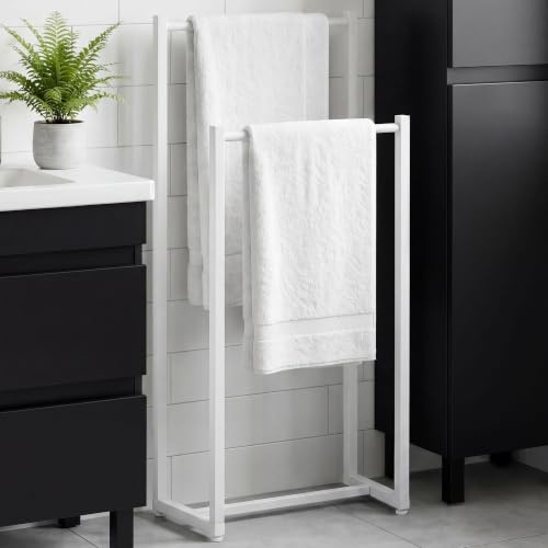 CLP Toallero sin Taladro Taunton Toallero de baño metálico Independiente Soporte para Toallas Estrecho con Dos Barras | Color Blanco