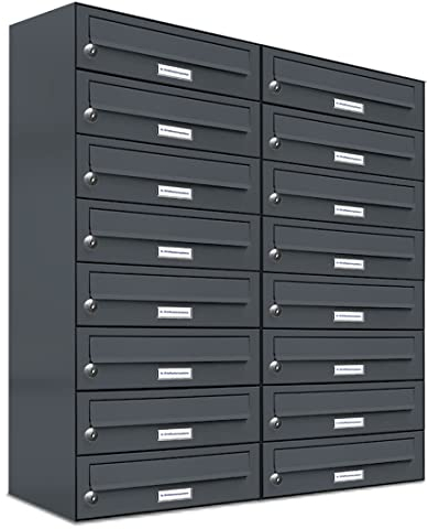 AL Briefkastensysteme 16er Briefkastenanlage Anthrazit Grau RAL 7016, Premium Briefkasten DIN A4, 16 Fach Postkasten modern Aufputz