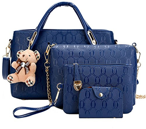 FiveloveTwo Damen 4Pcs Top Griff Satchel Hobo PU Leder Umhängetasche Handtasche Set große Tasche + Geldbörse + Schultertasche