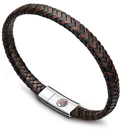 Casisto.J Mens Leather Bracelet – Classic Handmade Braided Black & Brown Cuff Bracelet with Engraved Magnetic Clasp Free Jewelry Gift Boxed