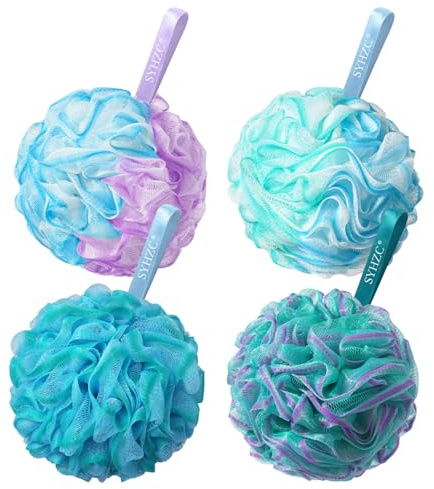 SYHZC 75g Ultra-Dense Exfoliating Shower Puff Family 4 Pack – XL Heavy Duty Loofah Body Sponges (5.9) – Colour-Coded for Hygiene – 25% Heavier for Rich Lather – Silky-Mesh Pouf, Ocean Gradient