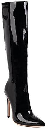 JIEEME Patent läder mode pointed tå stilett dragkedja super hög klack med 12 cm enkla promenadknähöga stövlar för kvinnor stor storlek t82832, svart, 41.5 EU