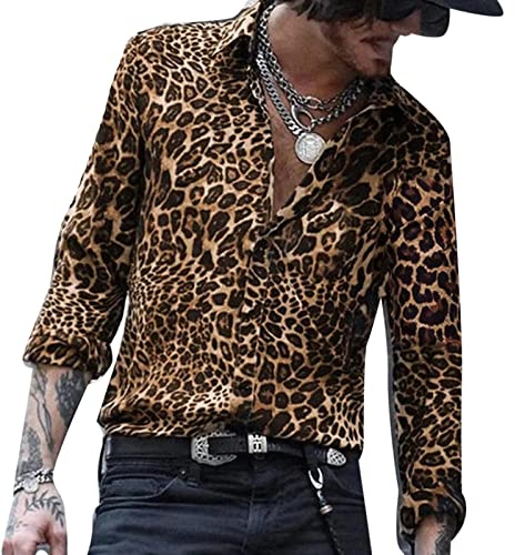 YAODAMAI Camicia a Maniche Lunghe da Uomo con Stampa Leopardata Camicia Casual a Maniche Lunghe Casual con Risvolto per Le Vacanze