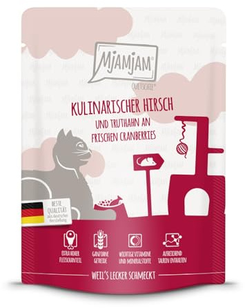 MjAMjAM - Premium våtfoder för katter - Quetschie - gourmetmeny med hjort, kalkon och färska tranbär, 1 förpackning (1 x 300g), spannmålsfritt med extra kött