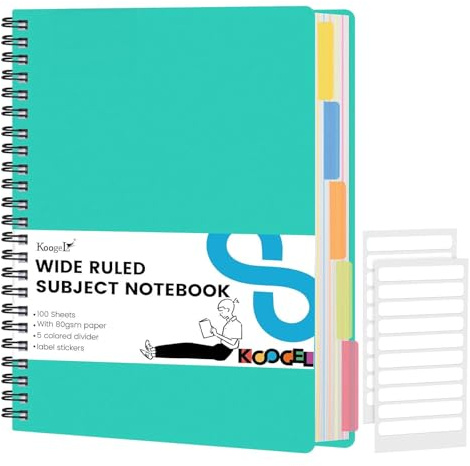 Koogel Notebook With Dividers Spiral Notebook 5 Subject 21.6×28cm Hard Cover College Ruled Perforated Pages Green for School Office Project Meeting