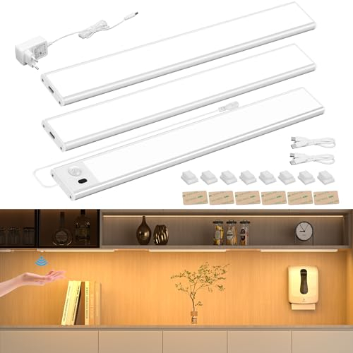 Unterbauleuchte Küche LED, 30cm×3PCS Schrankbeleuchtung Mit Hand-Sweep Sensor, Nachtsensor Warmweiß Küchenunterbauleuchte Mit Stecker für Regale, Werkbank, Vitrine, Schrank