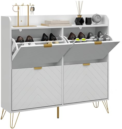 HOMCOM Narrow Shoe Cabinet with 4 Flip Drawers, Slim Shoe Storage Cabinet with Adjustable Shelves, Hairpin Legs and 4 Vents for 16 Pairs of Shoes for Entryway, White