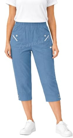 femiss Women Cropped Trousers | High Waist Elasticated Pull On Cropped 3/4 Pants | Soft Stretch Summer Casual Beach Travel Ladies Cotton Blend Office Wear| Available Sizes 10-26 | (Indigo, 14)