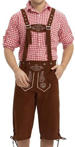 COOFANDY Lederhose Herren Tracht Lederhosen Trachtenhosen Trachtenlederhosen Oktoberfest Hosen Trachtengürtel Bayrische Hose Trachtenset Kniebundhose Kurz Lederhose Männer Braun S