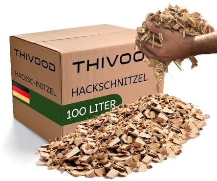 THIVOOD Hackschnitzel 100 Liter für den Garten - Ideal für Hackschnitzelheizung und als Anzünder - trockene Kiefer Holzhackschnitzel - Rindenmulch-Ersatz für Spielplatz, Gartenwege und Beete