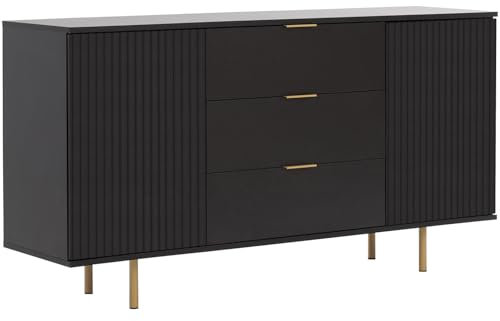 Marmex Nubia 02S Kommode mit 2 Türen und 3 Schubladen, Kommode mit gefrästen Schranktüren, Kombikommode, große Kommode für Wohnzimmer, Schlafzimmer, Flur, 150x80x41 (schwarz)