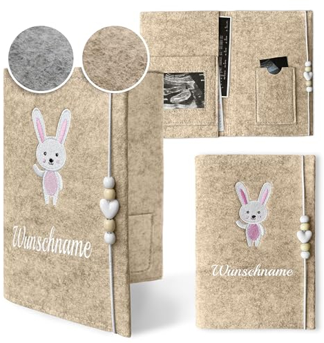 Mutterpasshülle personalisiert - Mutterpass Schutzhülle aus Filz mit gesticktem Namen und Motiv (Beige)