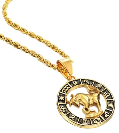 Taureau 12 Constellations Pendentif Colliers Pour Hommes Femmes - Disque Creux Signes Étoiles Vintage Corde Chaîne Signes Du Zodiaque Bijoux, Horoscope Astrologie Céleste Bijoux, Taureau, 45 Cm