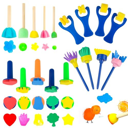 Lot de 18 pinceaux éponge de couleur pour enfants, rouleau, balai, tampon en forme, pinceau en mousse, pinceau à repriser, éponge de peinture pour dessin, artisanat, céramique DIY