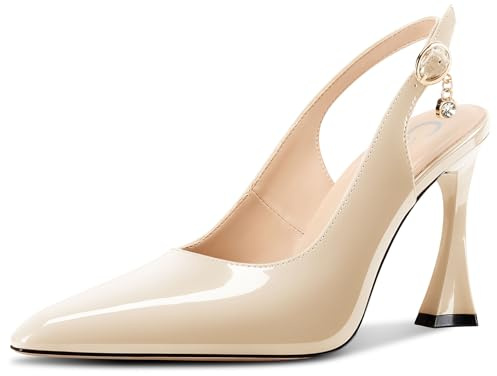 Castamere Womens Stiletto High Heel Pointed Toe Pumps Court Shoe Slingback Buckle Wedding Prom Dress Patent Leather 10 CM Heels Nude 6.5 UK