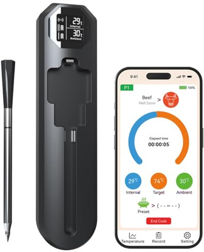 maxtech Thermomètre Cuisine Sans Fil, Thermometre Cuisson avec App et Double Capteur, 150m Bluetooth Thermomètres à Viande Type-C Charge Thermomètre Culinaire pour BBQ, Grill, Fumoir, Four, Sous Vide
